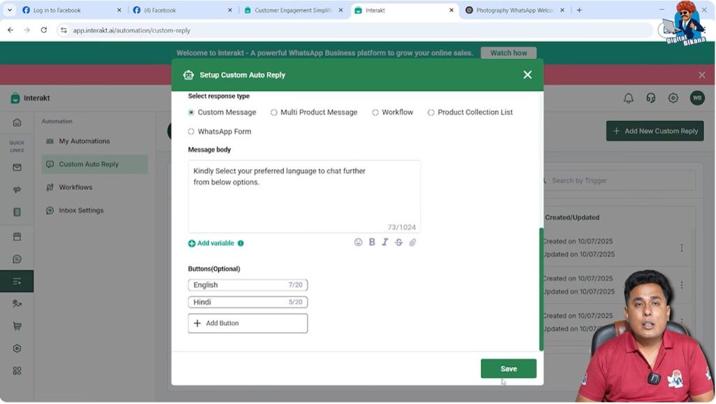 Language selection auto reply setup in WhatsApp Business API
