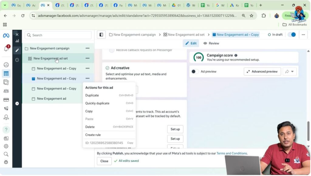 Selecting ad set inside Meta Ads Manager campaign structure