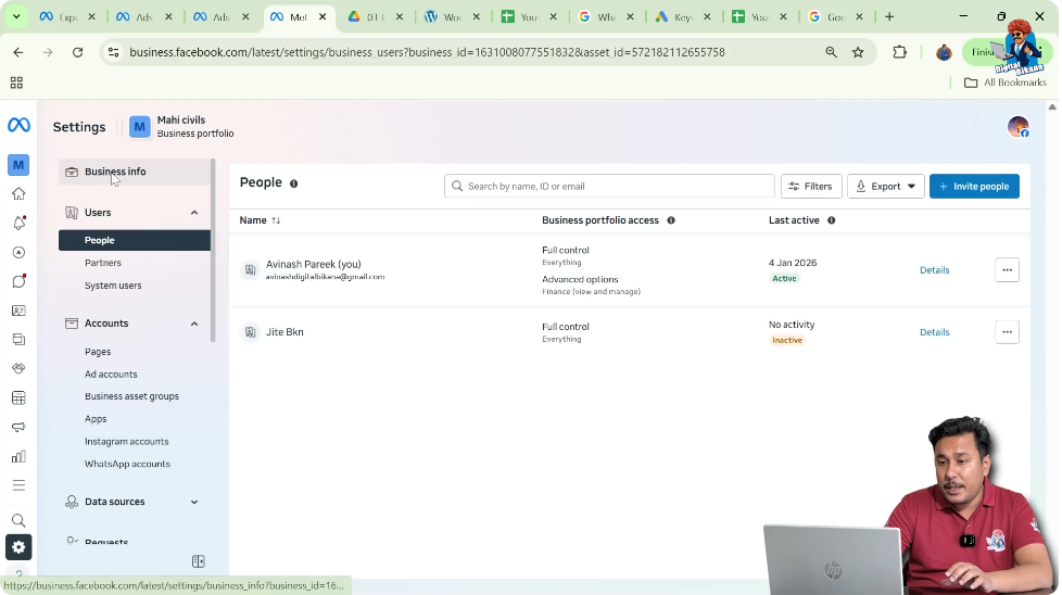 Business info section in Meta Business Suite settings