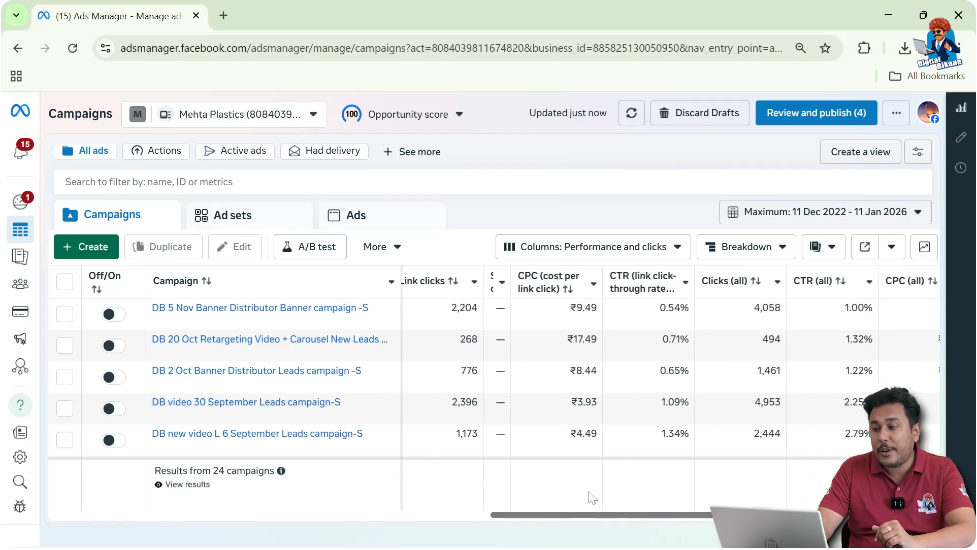 Open Meta Ads Manager to analyze Facebook ad campaign performance