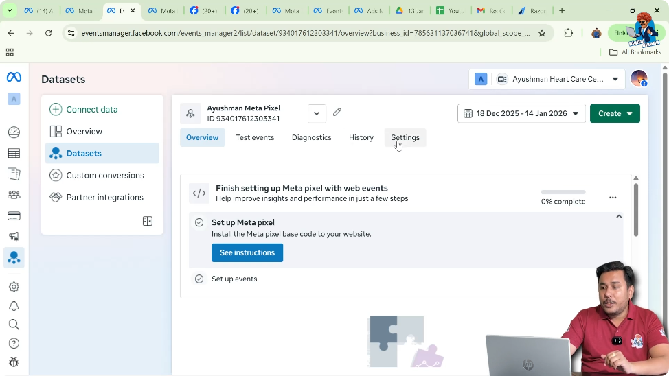 Open Meta Pixel settings in Events Manager to connect pixel with ad account
