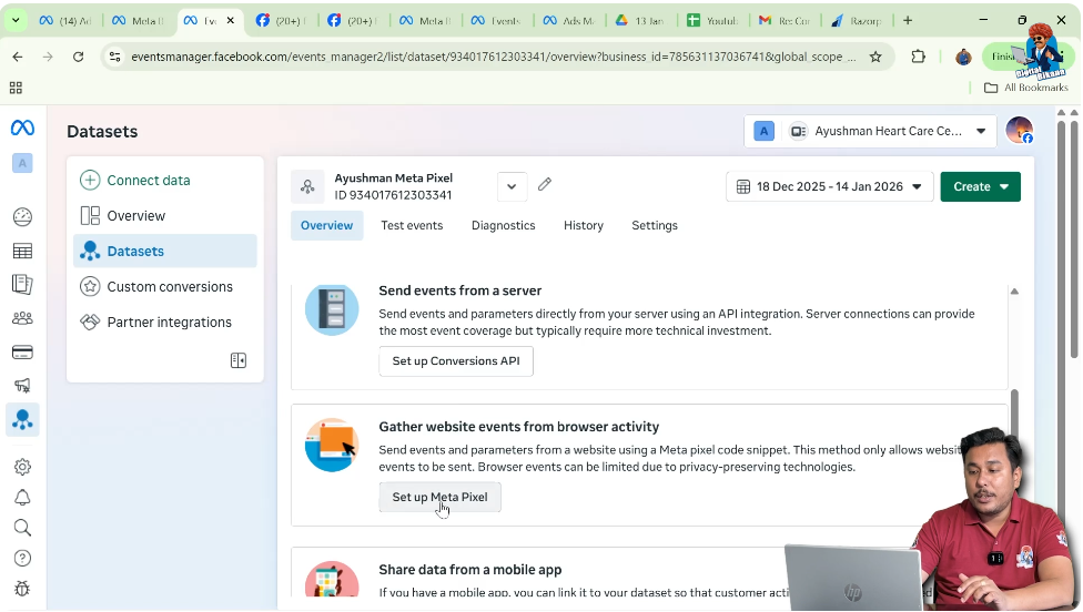 Open Meta Pixel setup from overview section in Events Manager
