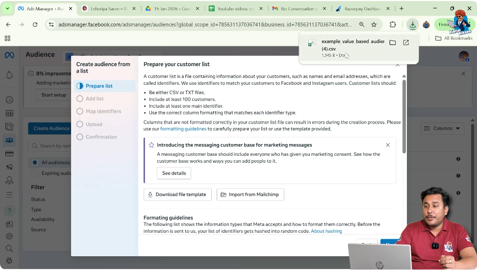 Open downloaded CSV or Excel file to add email list for Facebook ads custom audience