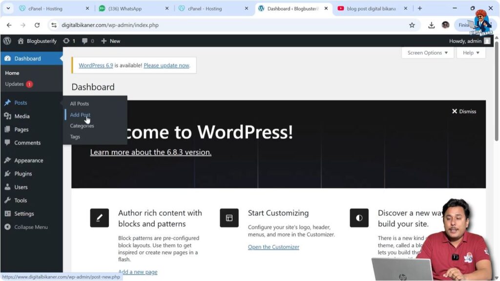 Add new post option in WordPress dashboard to create a blog post