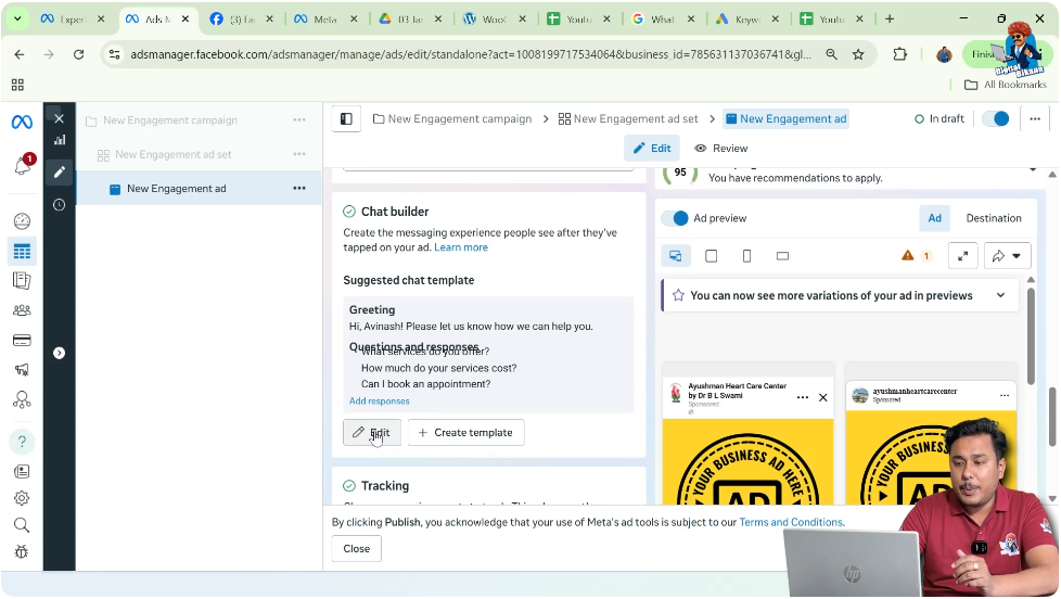Editing message template option in Facebook engagement ad campaign