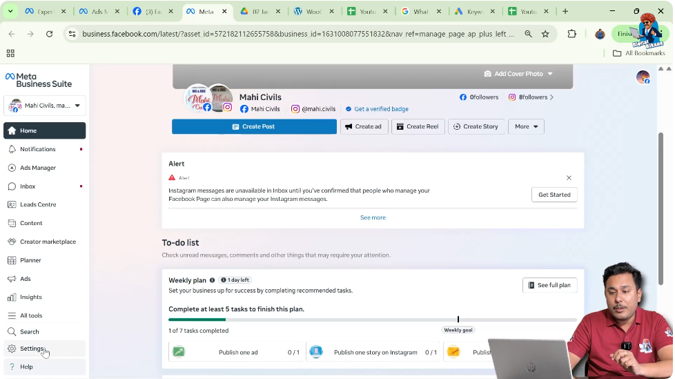 Settings option in Meta Business Suite left sidebar
