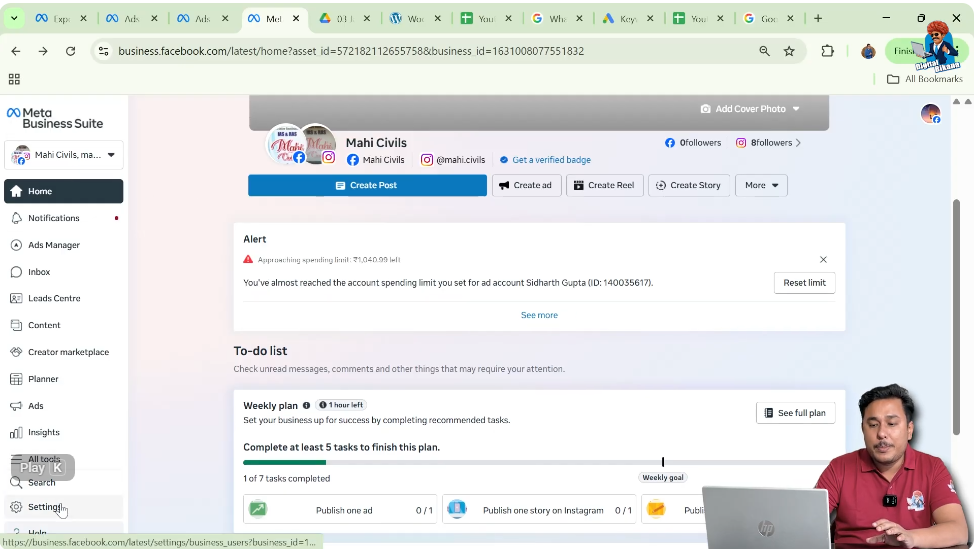 Opening settings option in Meta Business Suite left sidebar