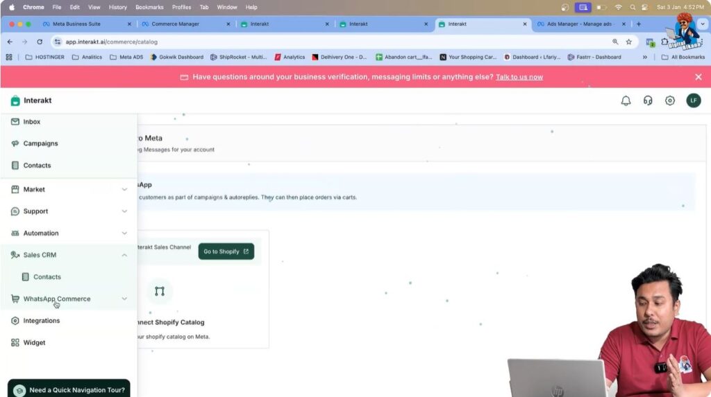 Opening WhatsApp Commerce section in Interakt dashboard to access the product catalog for WhatsApp API integration