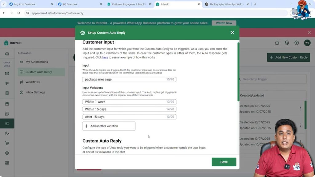 Package selection auto reply configuration in Interakt for WhatsApp