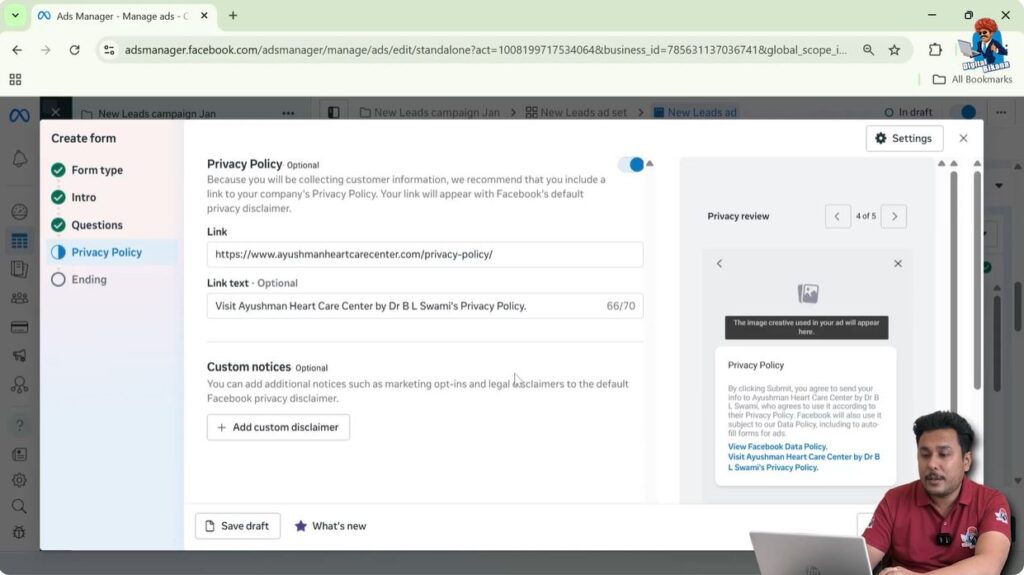 Setting privacy policy link and thank you screen in Facebook lead ad form
