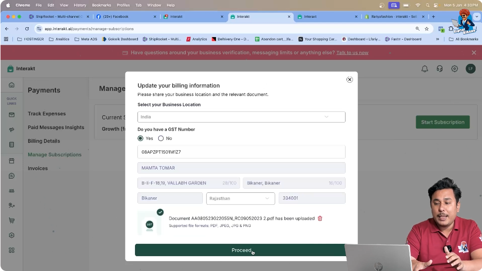 Clicking proceed to save GST details in WhatsApp API billing software
