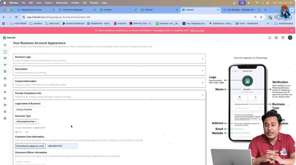 Re-entering business email address in WhatsApp Business API compliance section