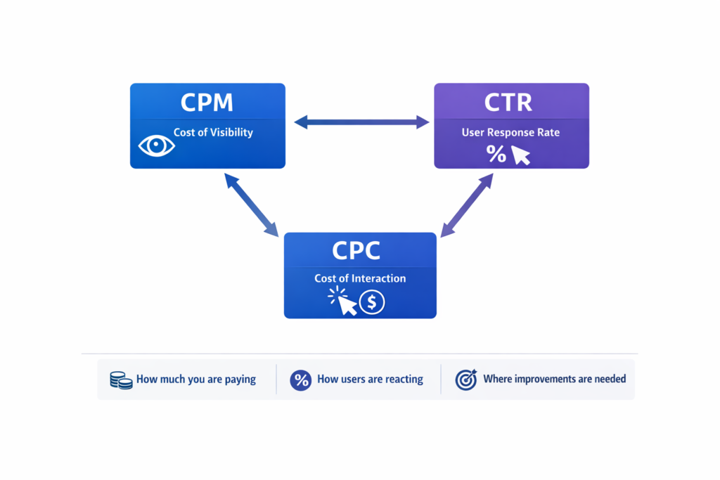 Relationship between CPM CPC and CTR in Facebook ads performance