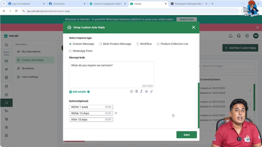Requirement timing auto reply setup in Interakt WhatsApp Business API automation