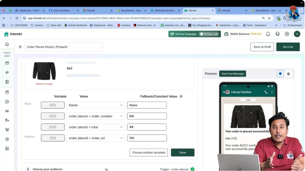 Review auto-filled campaign details synced from Shopify in WhatsApp Business API via Interakt