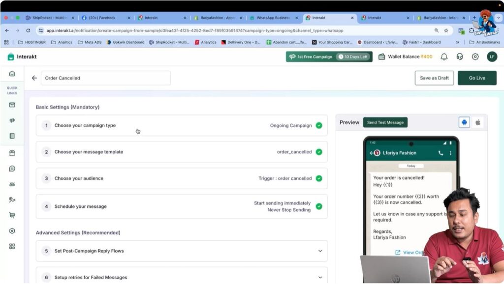Review prefilled order cancelled campaign details auto-synced from Shopify in WhatsApp Business API