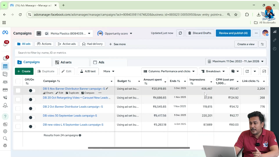 Scroll right in Meta Ads Manager to see impressions, reach, and frequency columns