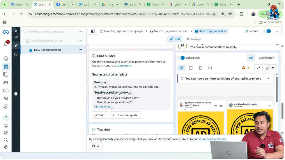 Chat builder section visible at ad creative level in Facebook Ads Manager