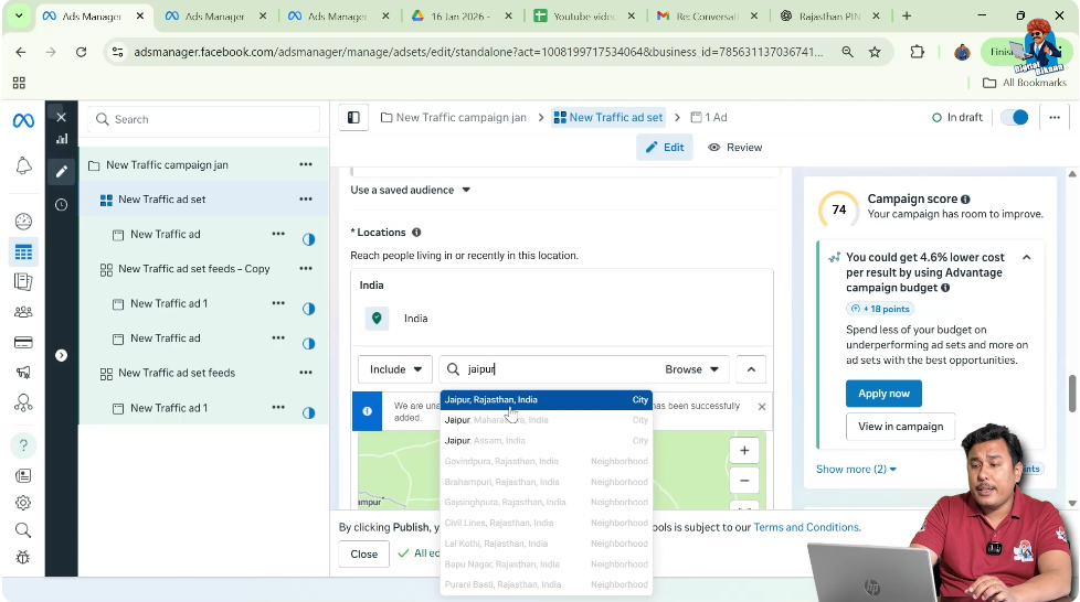 Searching and selecting first city in Facebook ad set location targeting