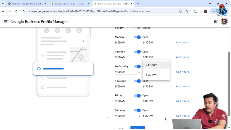 Setting business working days and timings in Google My Business listing