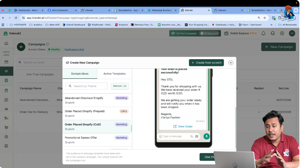 Select Order Placed Shopify COD sample campaign in Interakt to send WhatsApp Business API messages.
