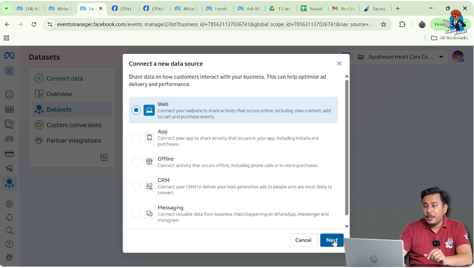 Select web as data source while creating Meta Pixel in Events Manager