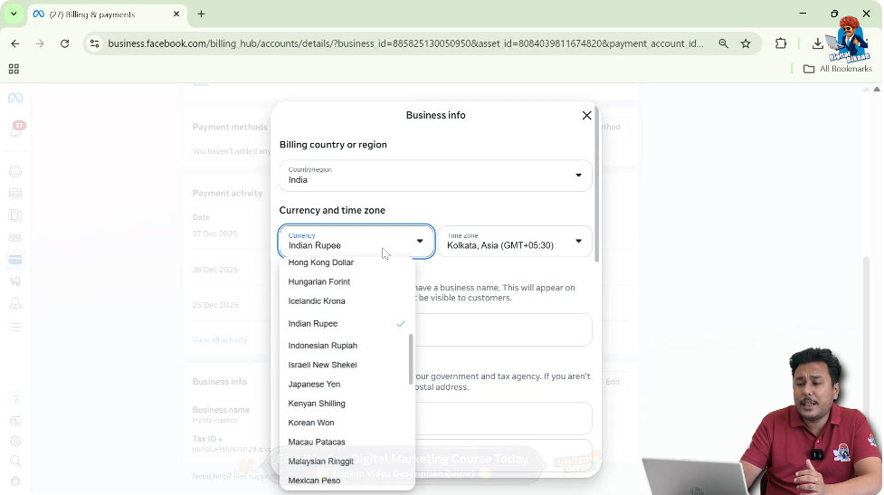 Select correct currency for Facebook ad account in billing settings
