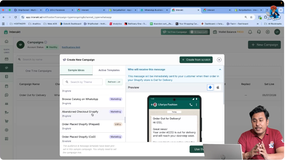 Choosing the first Abandoned Checkout Shopify message template without selecting follow-up messages