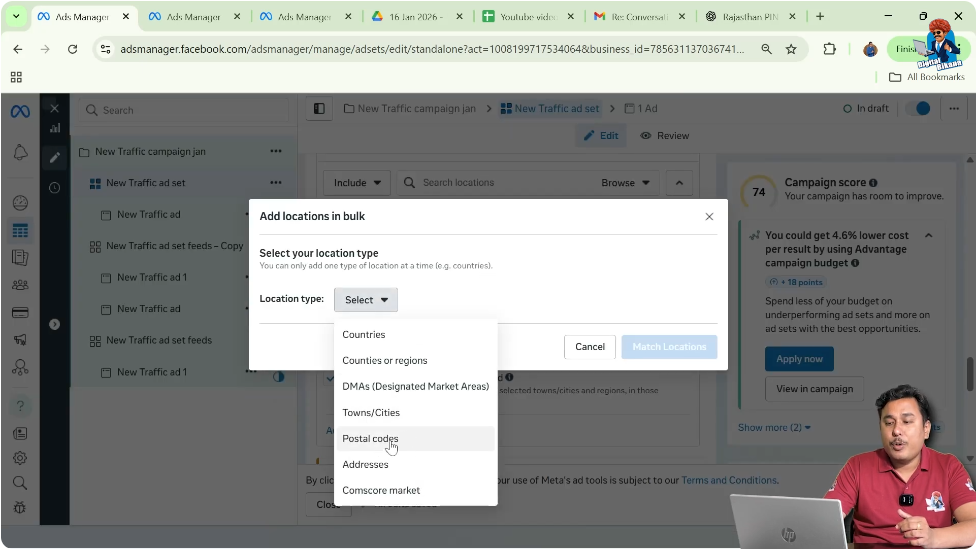 Choosing postal code or city option in bulk location targeting window