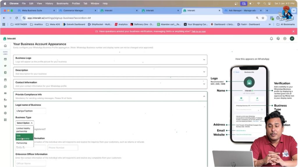 Selecting business type while adding compliance info in WhatsApp Business API