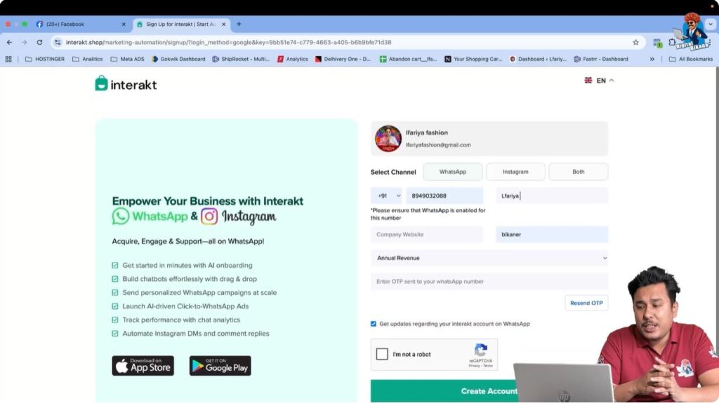 Entering general phone number during WhatsApp Business API signup on Interakt