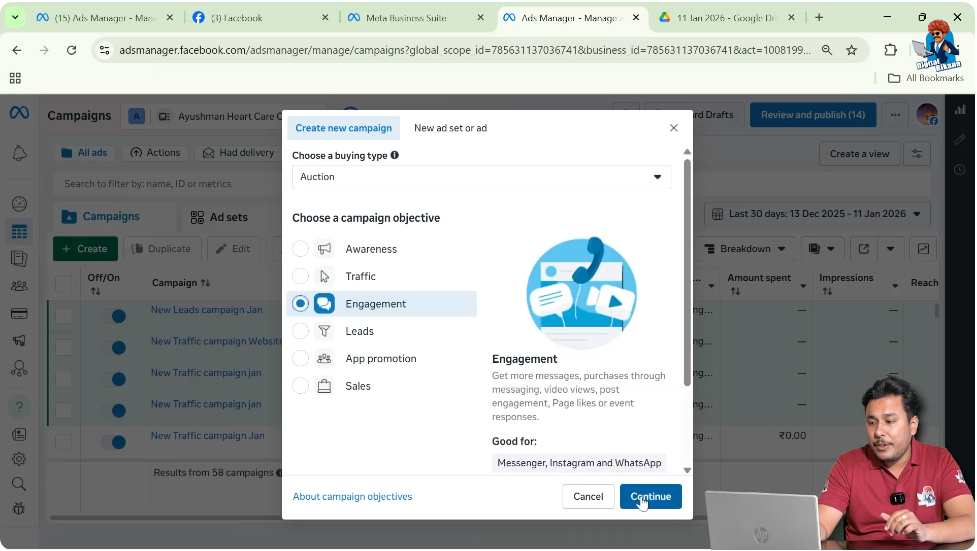 Selecting a campaign objective while creating an Advantage Plus campaign in Facebook Ads