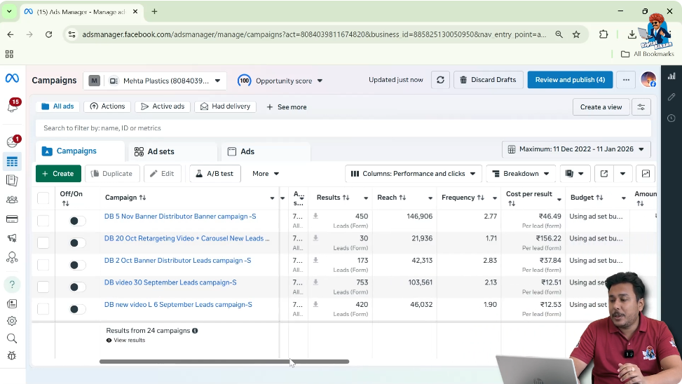 Open Facebook Ads Manager dashboard to analyze ad frequency metric