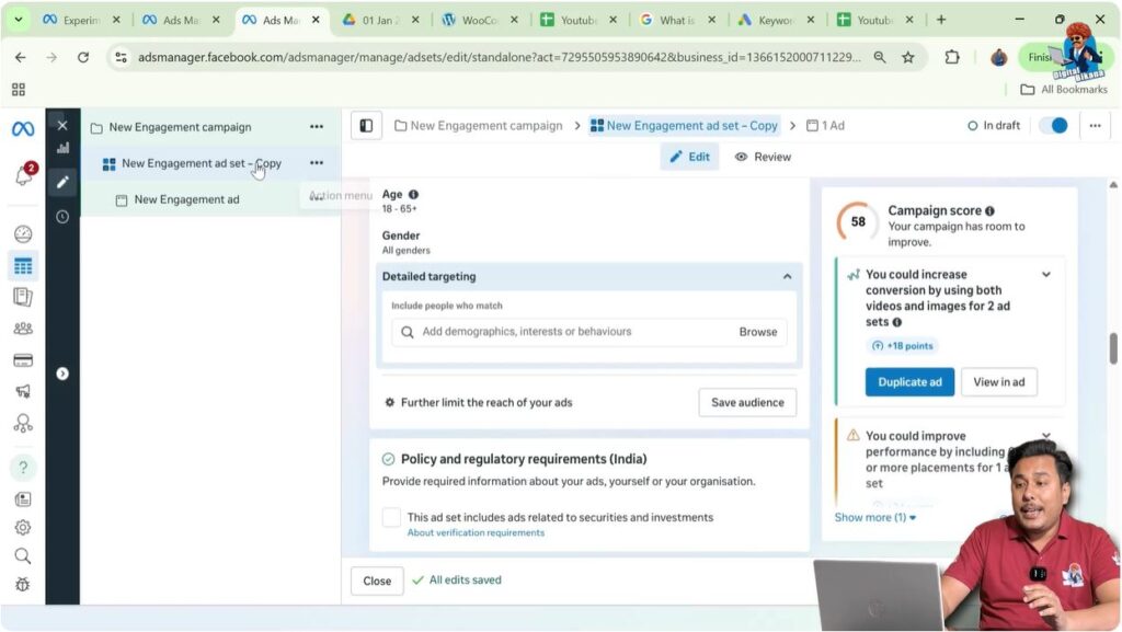 Interest Targeting in Meta Ads Manager at Ad Set level showing audience section