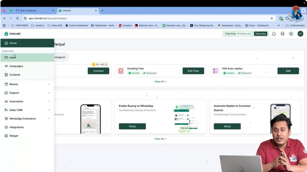 Viewing Interakt dashboard with inbox, campaigns, and contacts sections