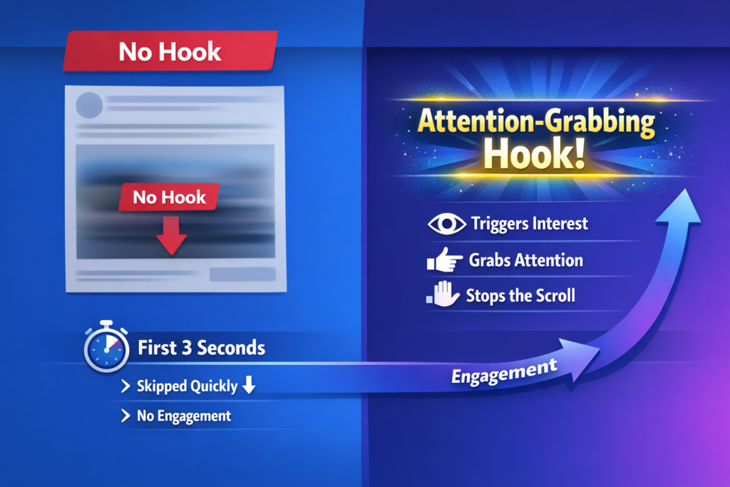 Use strong hook lines in Facebook ads to grab attention and improve conversions