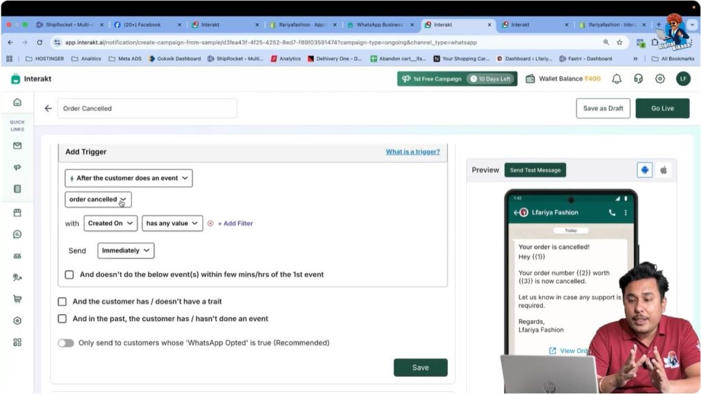 Verify order cancelled triggering event correctly set for Shopify orders in WhatsApp Business API campaign