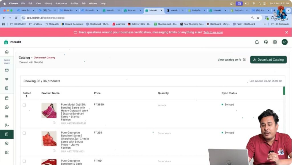 WhatsApp API catalog displaying successfully synchronized Shopify products after 30 minutes
