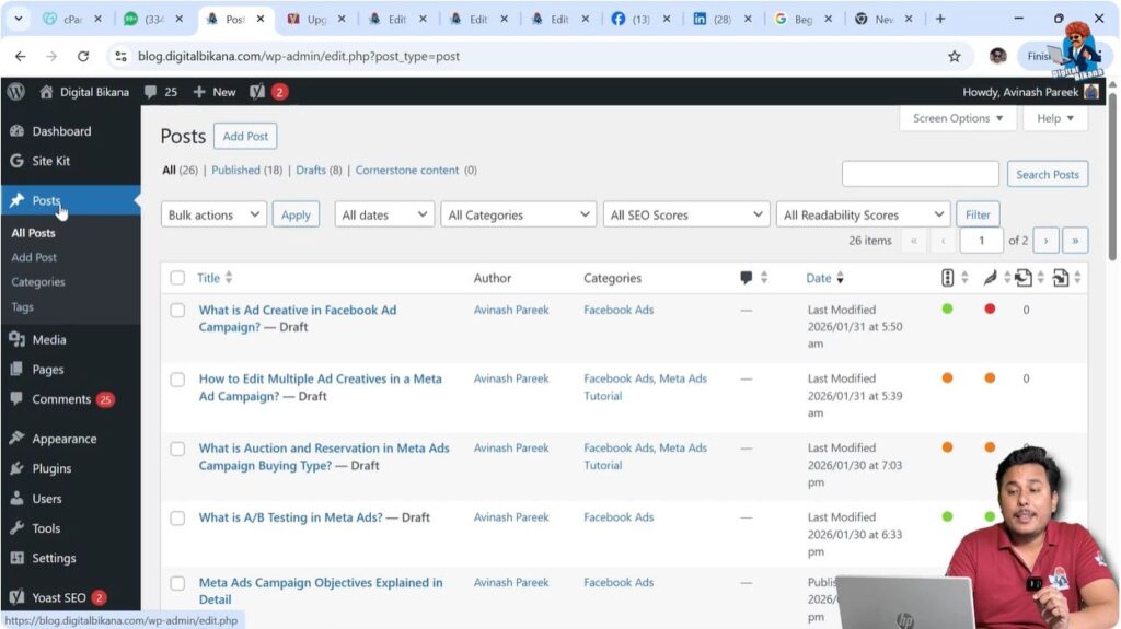 WordPress posts section showing how to create blog articles and informational content