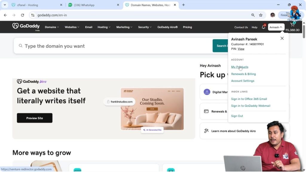 My Products section in GoDaddy showing domains and hosting plans