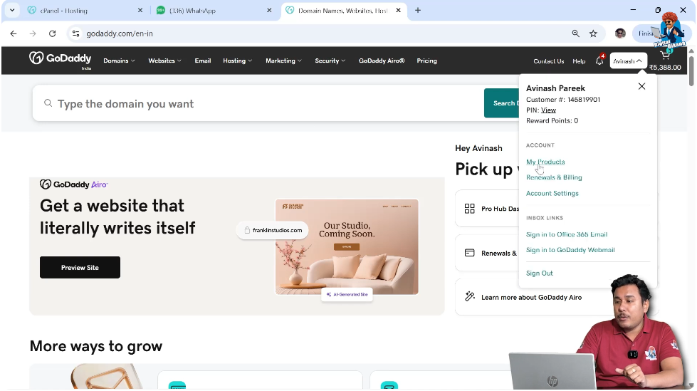 My Products section in GoDaddy showing domain and hosting plans