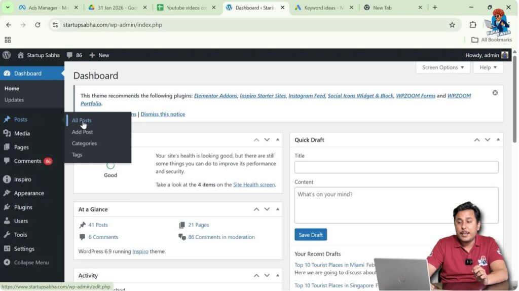 Accessing WordPress posts section from admin dashboard to manage blog posts