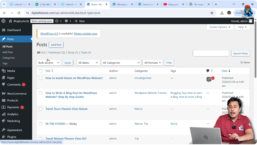 Accessing WordPress admin dashboard to create tags for blog posts
