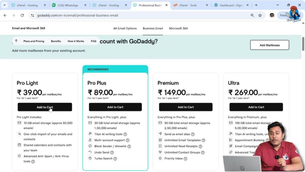 Adding GoDaddy business email plan to cart before checkout