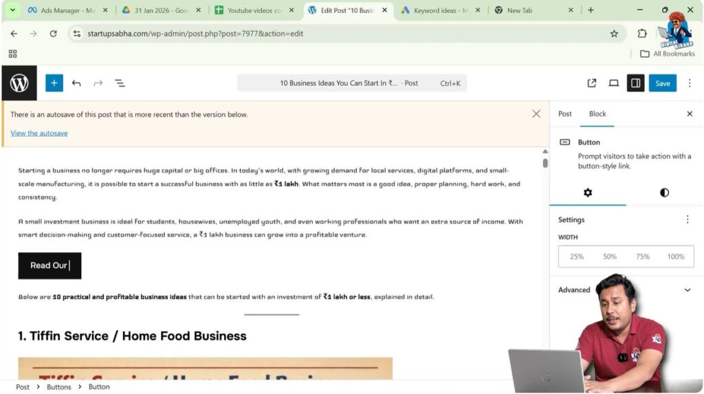 Adding call to action text inside WordPress button block editor