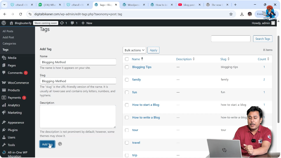 Adding new tag in WordPress tags section