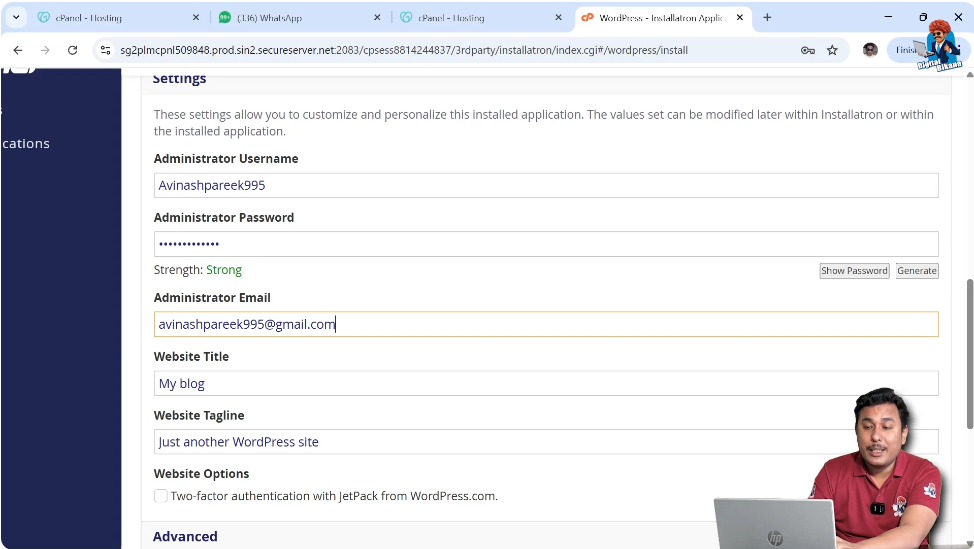 Entering WordPress admin username password and email details