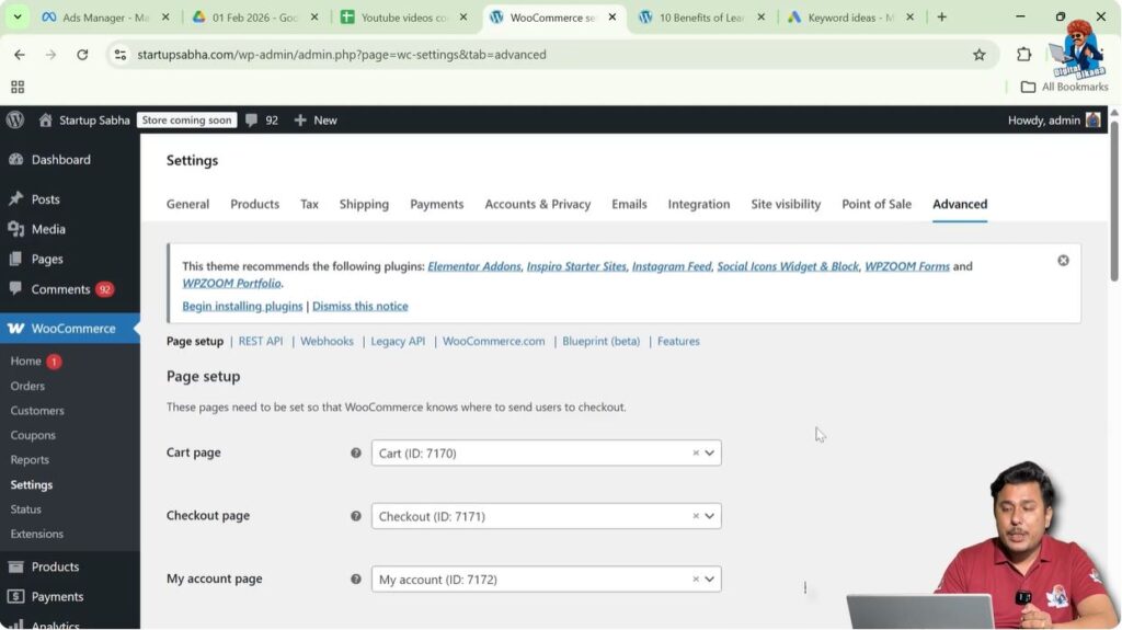 WooCommerce advanced settings for assigning cart checkout and account pages