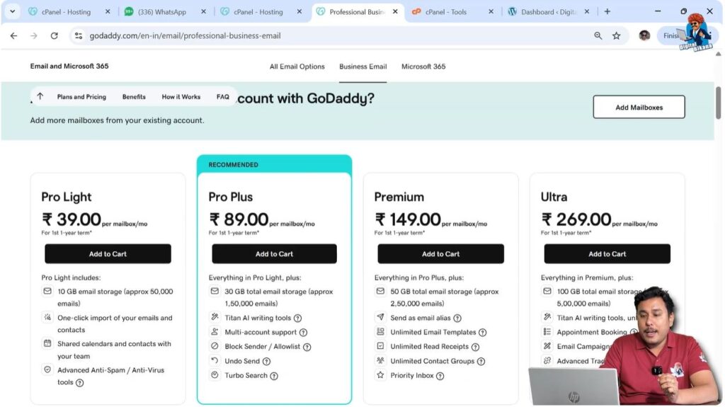 Different GoDaddy business email plans with storage options displayed