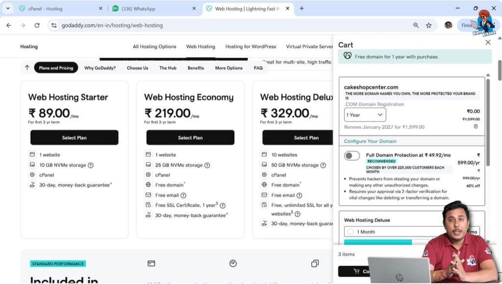 Continue shopping option after selecting hosting plan in GoDaddy